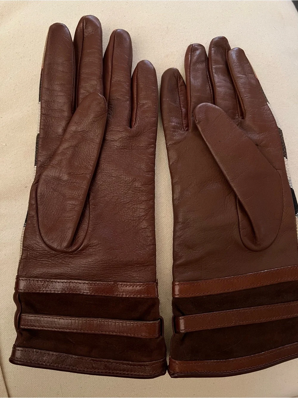 Burberry Leather-Trim Gloves in Brown, Black, Cream